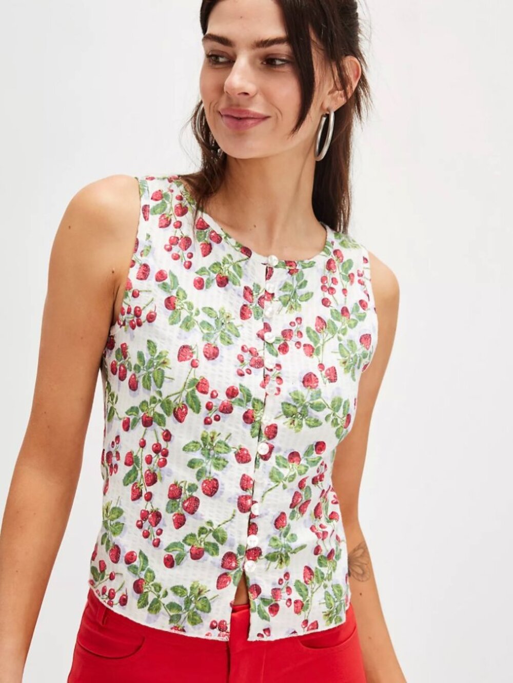 NWOT Free People Tilly Printed Vest Strawberry Cherry Top Boho Brunch Coastal XS